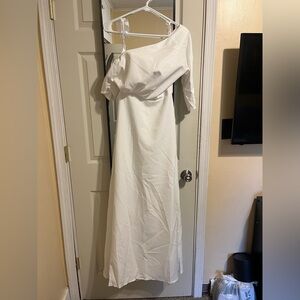 JJ’s House Ivory, One Shoulder Floor-Length Crepe Evening Dress